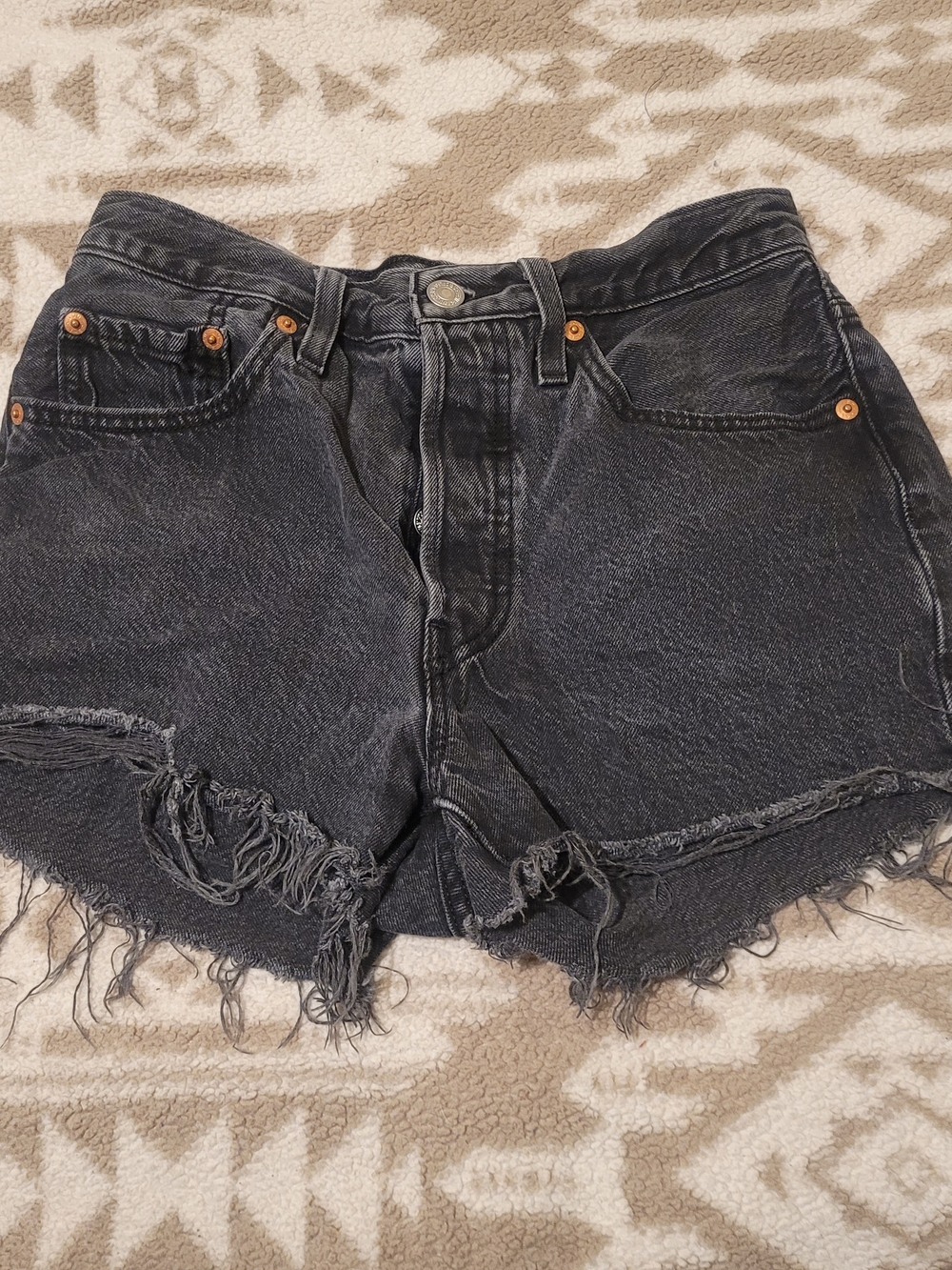 Levi's 501 Faded Black Distressed Frayed-Hem Denim Shorts